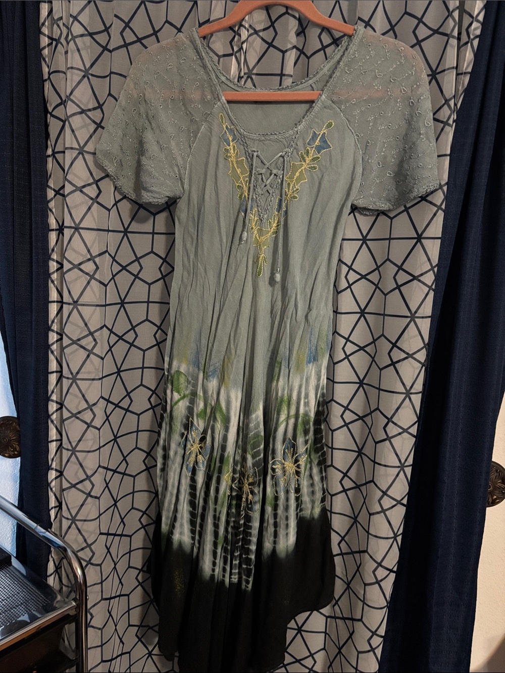 Embroidered Sage Green Tie-Dye Maxi Dress with Lace-Up Neck